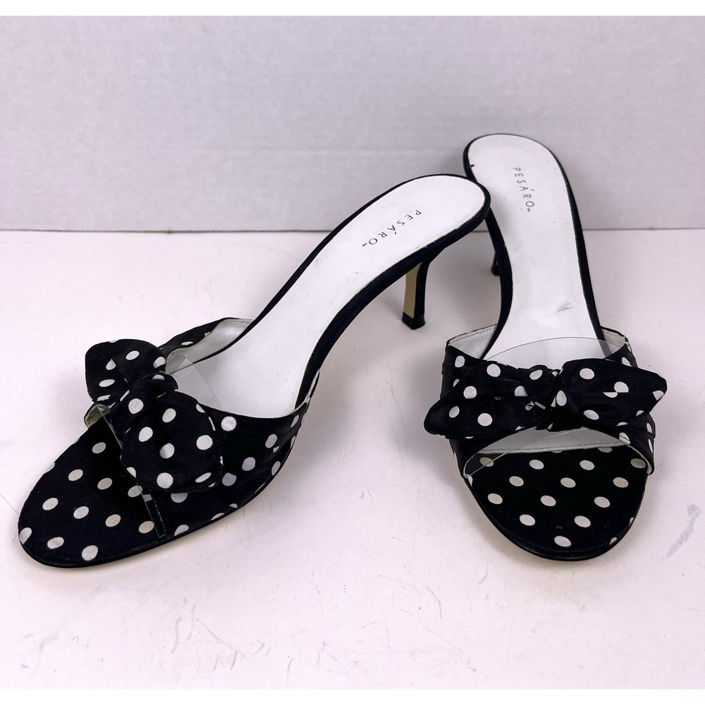 Pesaro Black White Polka Dot Kitten Heel Mules Womens Size 9 Bow Slip On Heels